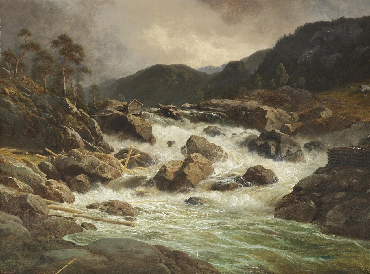 Paesaggio montano norvegese con una capanna accanto a una cascata zampillante, 1866